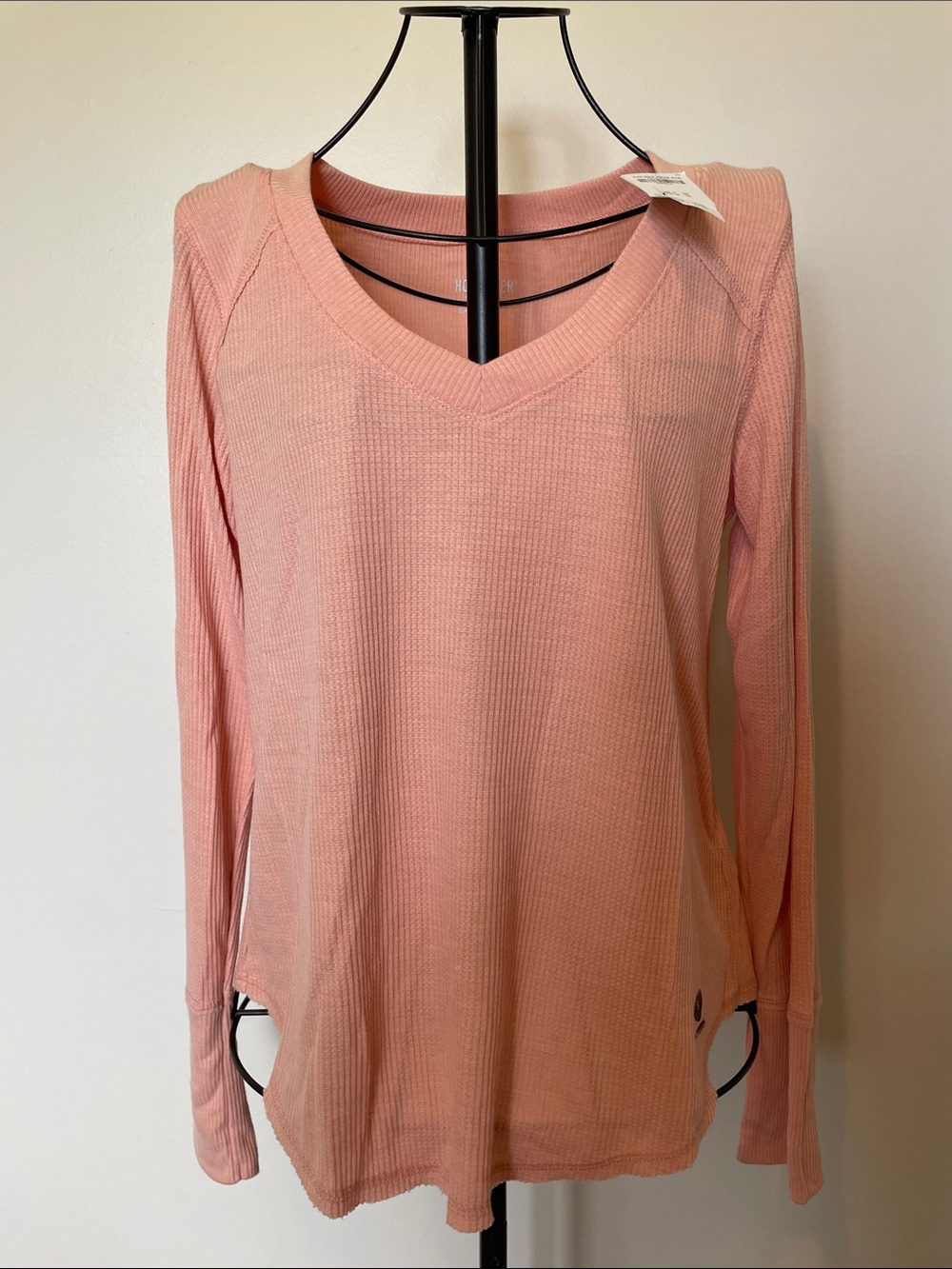 Hollister Easy T-Shirt Whisper Pink V-Neck Waffle Long Sleeve Top